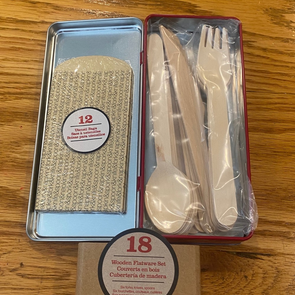Crate & Barrel Wooden Flatware Set New Picnic Utensils 18pc Tin